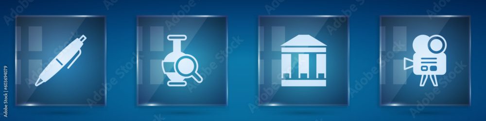 Set Pen, Ancient amphorae, Museum building and Retro cinema camera. Square glass panels. Vector Set Pen, Ancient amphorae, Museum building and Retro cinema camera. Square glass panels. Vector