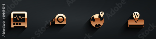 Set Seismograph, Roulette construction, Location the globe and Earthquake icon with long shadow. Vector