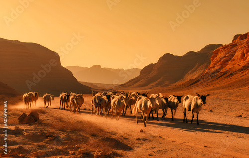 a group of goats walking away from the mountains in an isolated desert