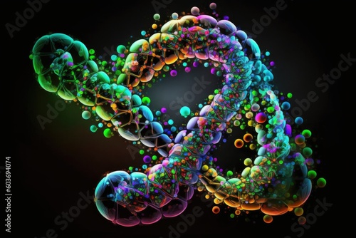 Multicolored abstract structure of balls of a worm-shaped luminous molecule on a black background