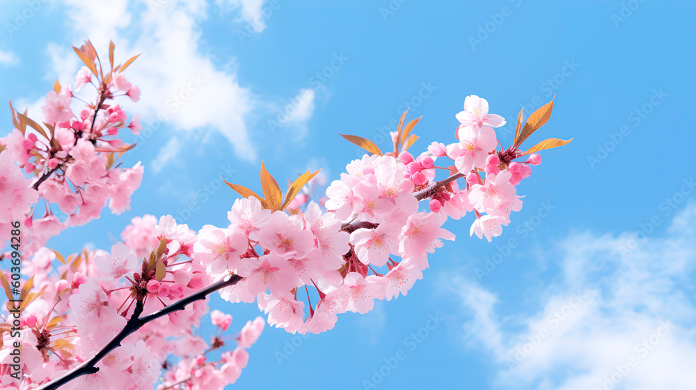 Cherry blossom branch white flowers on sunny blue sky. Springtime flowering beautiful nature landscape. Floral wallpaper photo design