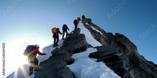 Group of mountain climbers climb the slope to the peak in sunny weather with sledges and tents equipment for overnight stays. AI generative image photo