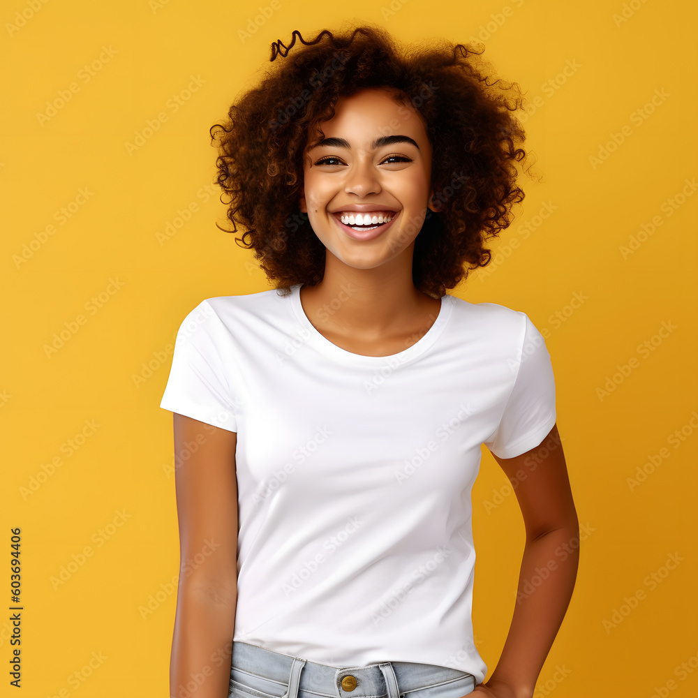 curly black woman posing with white t shirt ai generated art curly black woman posing with white t shirt ai generated art