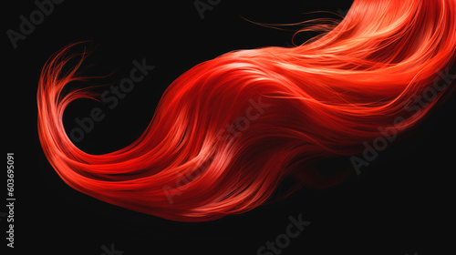 Red hair wavy strand. Isolated on black background. Shiny haircare style shampoo beautiful smooth colored hair close up photo photo