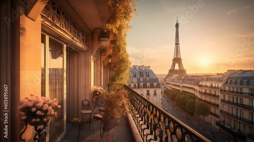 beautiful paris balcony at sunset with eiffel tower view Generative AI