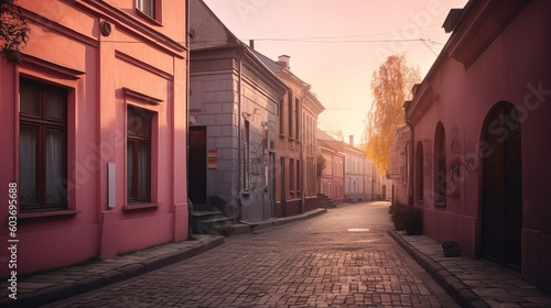 Cozy old street with pink house at the sunny sunrise Generative AI