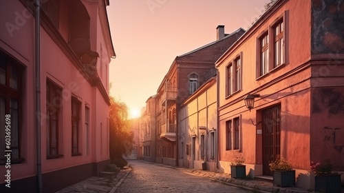 Cozy old street with pink house at the sunny sunrise Generative AI