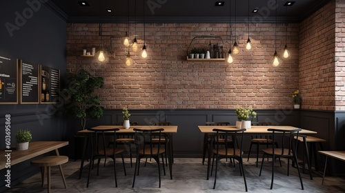 Modern cafe design interior with a brick wall. Loft design Generative AI © Suleyman