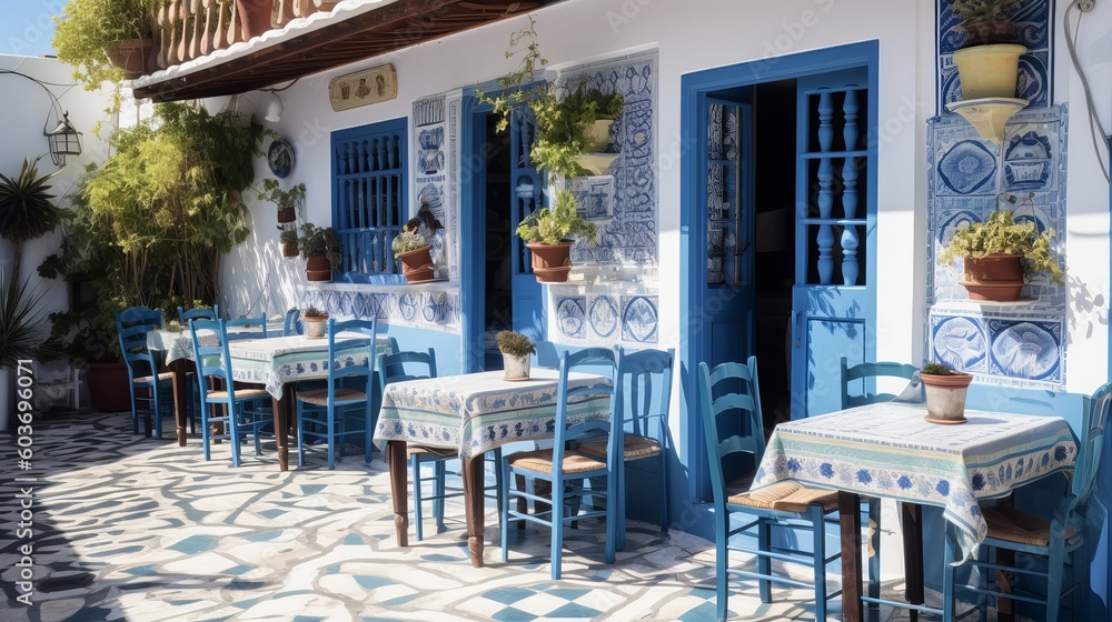 Typical greek restaurant on a sunny summer day Generative AI