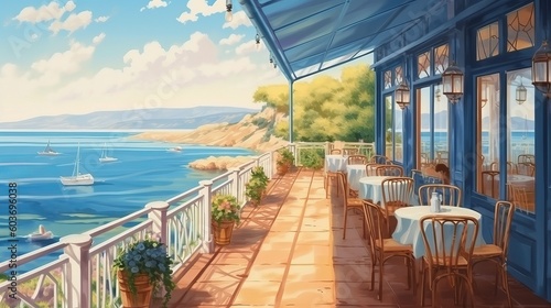 The veranda of the summer cafe on the seashore Generative AI