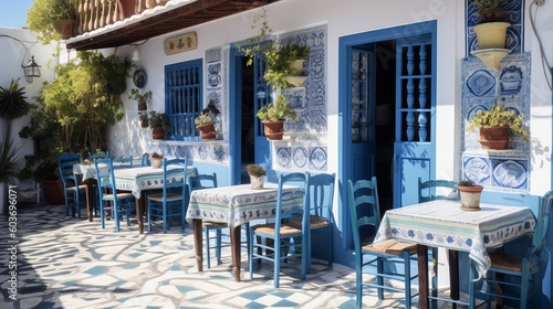Typical greek restaurant on a sunny summer day Generative AI