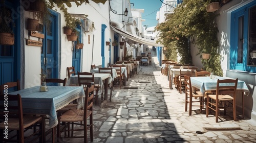 Typical greek restaurant on a sunny summer day Generative AI © Suleyman