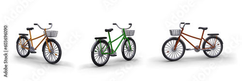 Set of realistic bikes in different colors. 3D bicycles with baskets. Isolated vector image of eco friendly personal vehicles. Illustrations for advertising active lifestyle, rental, sharing