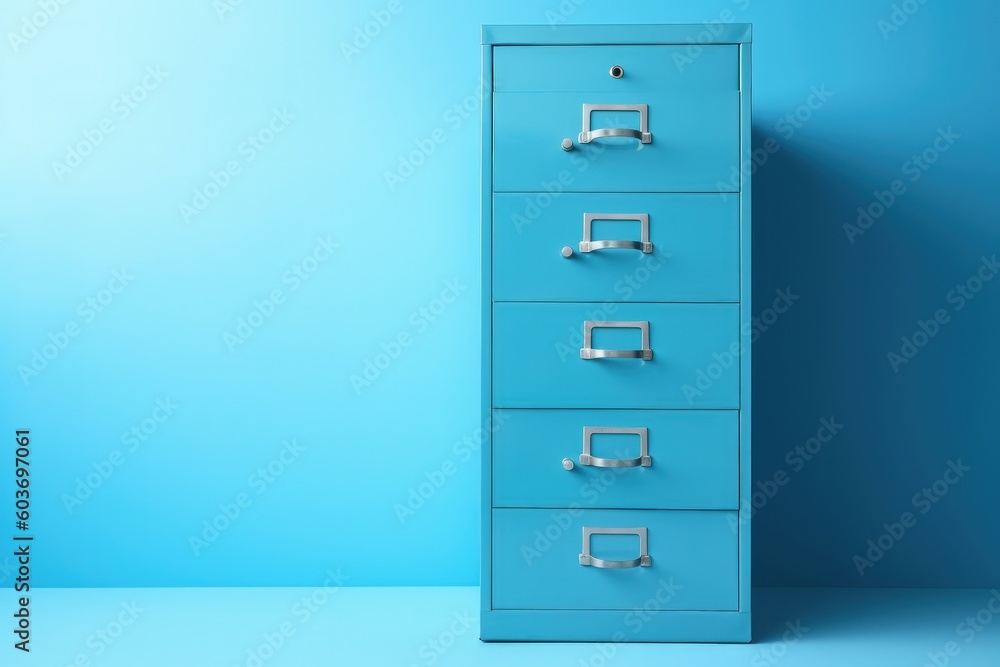 file cabinet, data storage concept, blue background, digital illustration. Generative AI file cabinet, data storage concept, blue background, digital illustration. Generative AI