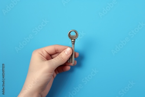 Hand holding key, property concept, blue background, digital illustration. Generative AI