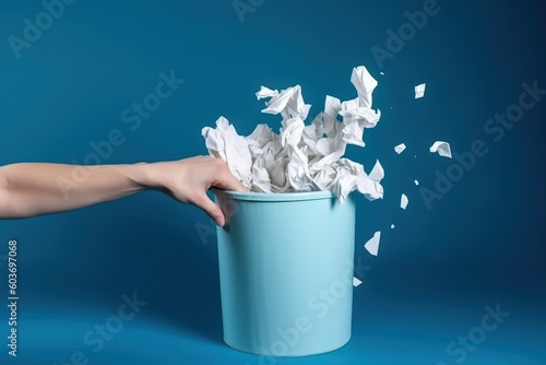 Hand throwing crumpled paper into recycle bin, blue background, digital illustration. Generative AI