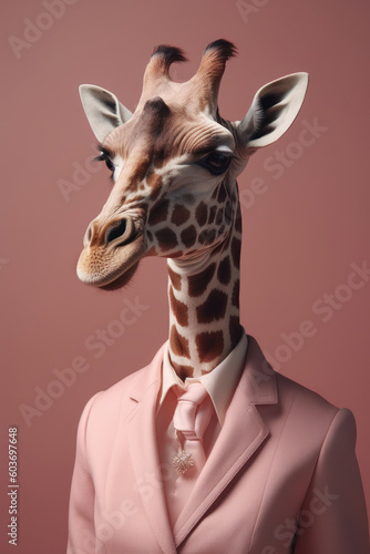 a very elegant anthropomorphic giraffe with a very realistic pink suit and tie, on a pink background, businesswoman and executive, Generative AI
