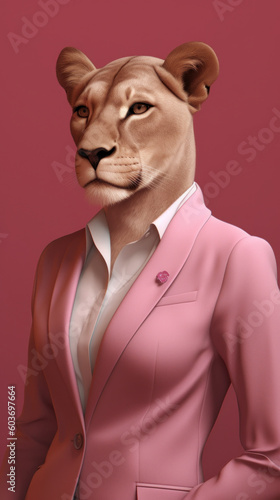 a very elegant anthropomorphic lioness with a very realistic pink suit and tie, on a pink background, businesswoman and executive, Generative AI