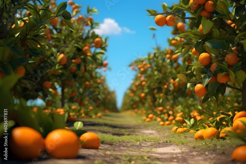  many oranges growing on the trees in the field, summer sunny day, generative AI