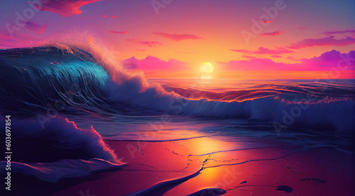 A stunning sunset over a sea, where vibrant shades of orange, pink, and purple dance across the sky, accompanied by rolling waves, generative ai