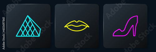 Set line Louvre glass pyramid, Woman shoe and Smiling lips. Black square button. Vector