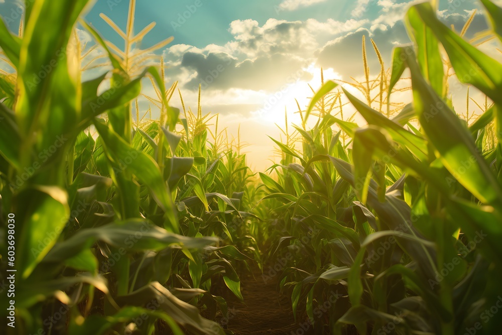 corn field with corn stalks in the middle, summer sunlight in the sky background, generative AI corn field with corn stalks in the middle, summer sunlight in the sky background, generative AI
