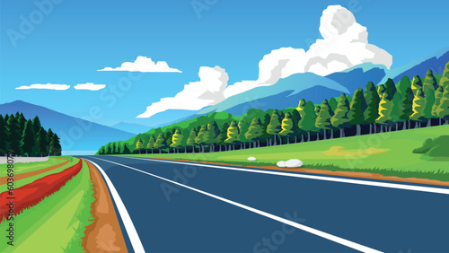 Copy Space Flat Vector Illustration. of direct asphalt road path and environment of wide open fields of green grass. Side road with flower and green forest. Mountain and blue sky for background.