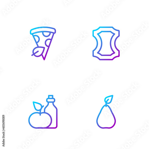 Set line Pear, Apple cider vinegar in bottle, Vegan pizza slice and Leather. Gradient color icons. Vector