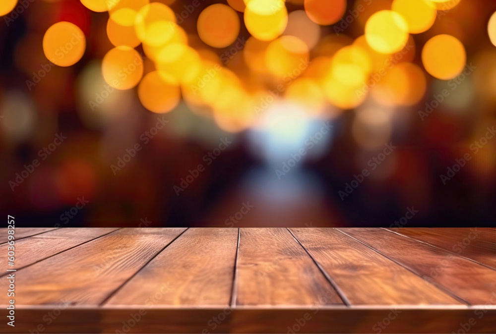 Empty wooden table and blurred background of bar with bokeh lights