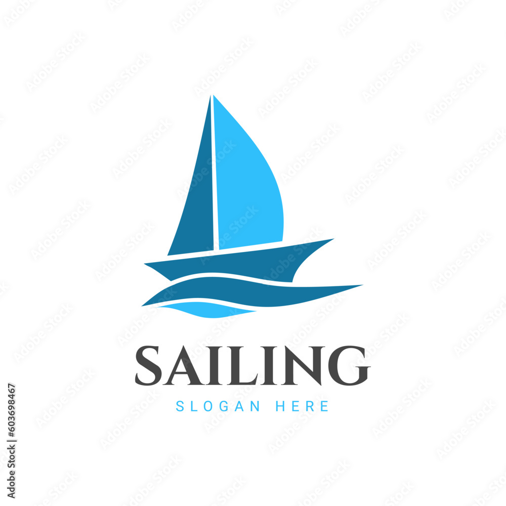SAILING LOGO WITH BOAT AND OCEAN WAVE IN FLAT DESIGN SAILING LOGO WITH BOAT AND OCEAN WAVE IN FLAT DESIGN