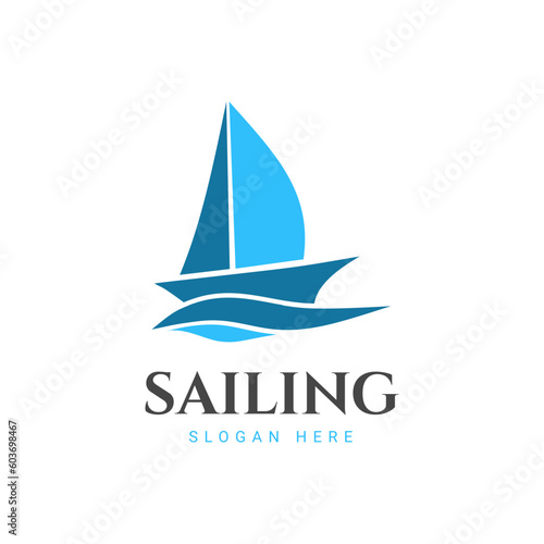 SAILING LOGO WITH BOAT AND OCEAN WAVE IN FLAT DESIGN