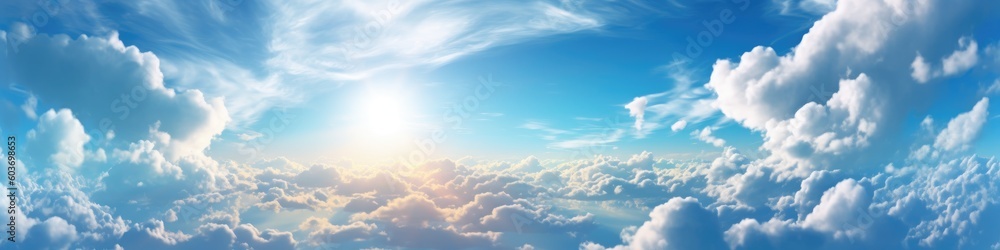 Sunny background, blue sky with white clouds and sun. Generative AI