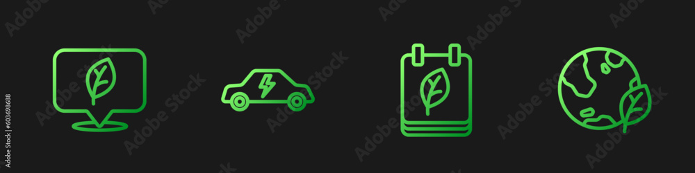 Set line Calendar with autumn leaves, Location leaf, Electric car and Earth globe and. Gradient color icons. Vector Set line Calendar with autumn leaves, Location leaf, Electric car and Earth globe and. Gradient color icons. Vector