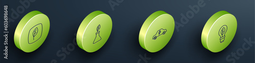 Set Isometric line Leaf Eco symbol, Plant breeding, Electric car and Light bulb with leaf icon. Vector