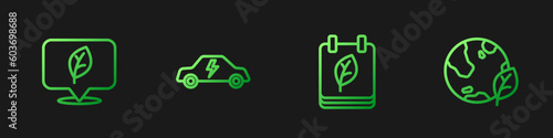 Set line Calendar with autumn leaves, Location leaf, Electric car and Earth globe and. Gradient color icons. Vector