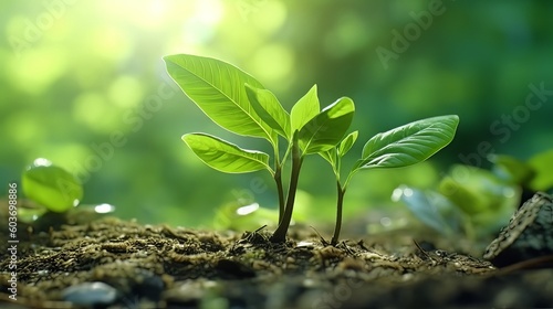 Young green plant growing in soil. Generative Ai