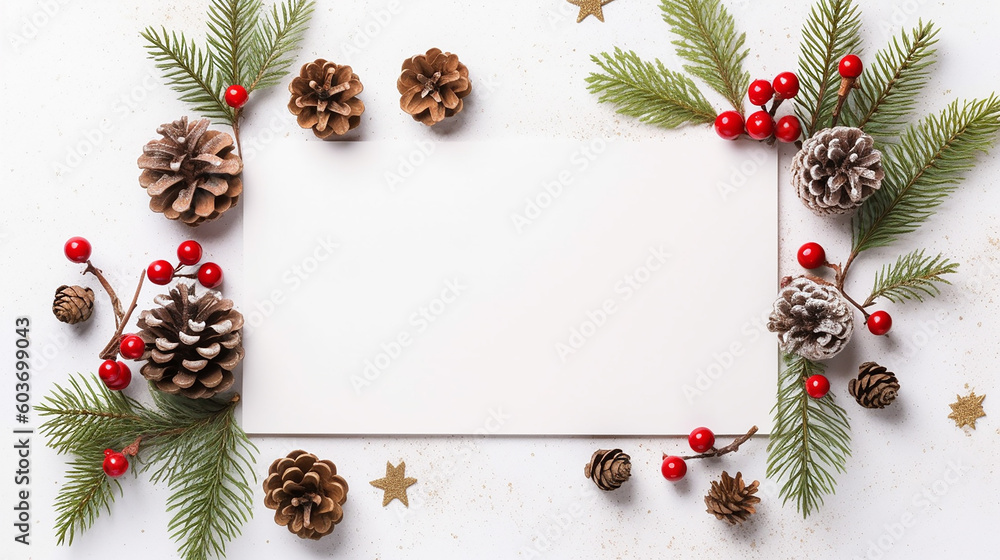 Fototapeta premium A white background with a white frame with christmas decorations. Pine cones, fir tree branches, red rowan berries and wooden stars. Flat lay, top view. Generative AI