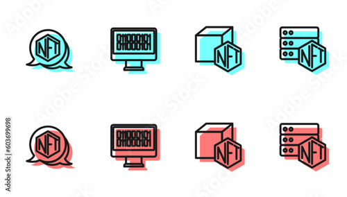 Set line NFT Digital crypto art, Binary code and blockchain technology icon. Vector