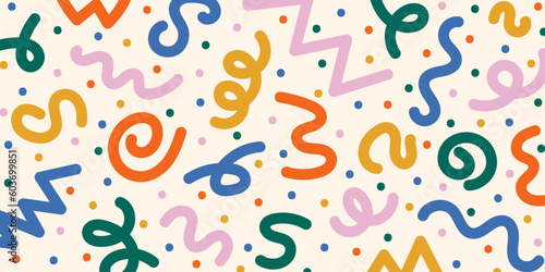 Fun colorful abstract background in doodle style. Creative minimalist hand drawn pattern with bright cute elements. Simple childish scribble backdrop. Random colorful swirls, bundles and dots