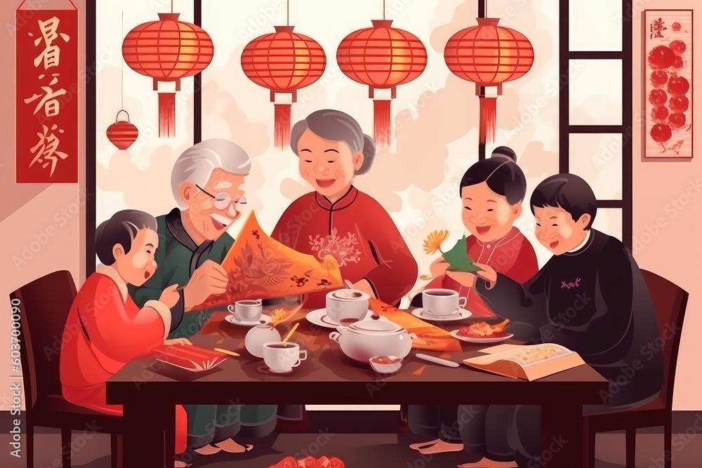 illustration of multi generational asian family chatting while having meal together at home at chinese new year. AI Generated illustration of multi generational asian family chatting while having meal together at home at chinese new year. AI Generated