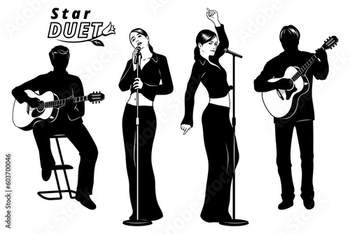 Silhouettes of Two Girls singing in duet and two musicians accompany them on acoustic guitars. Vector cliparts isolated on white.