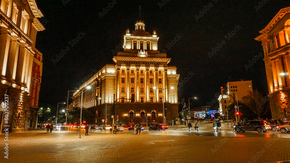 Night panorama of   Independence Square and the Former Party House, Sofia, Bulgaria.