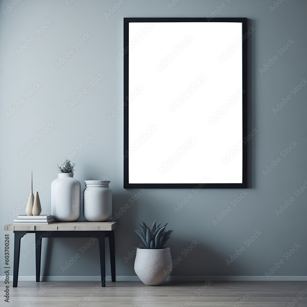 an empty wooden picture frame mockup gracefully suspended on a beige wall background, a boho-shaped vase, an illustration an empty wooden picture frame mockup gracefully suspended on a beige wall background, a boho-shaped vase, an illustration