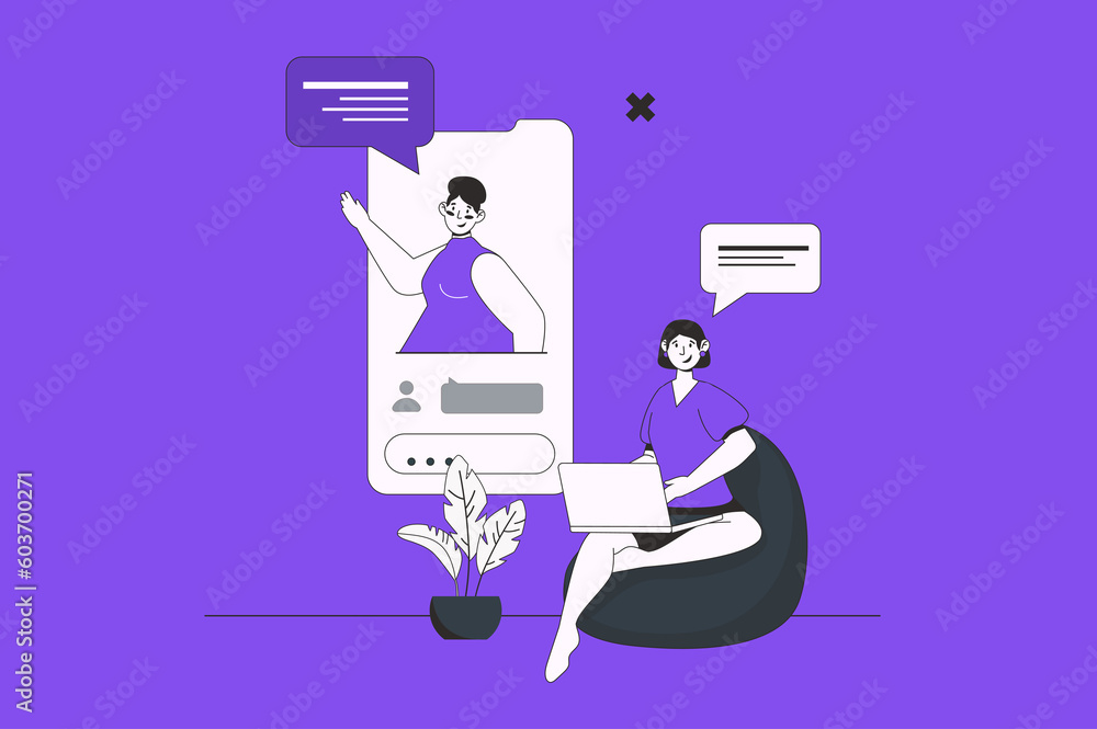 Online video call web concept with character scene in flat design. People talk in video programm, discussing work tasks at virtual conference. Illustration for social media marketing material.