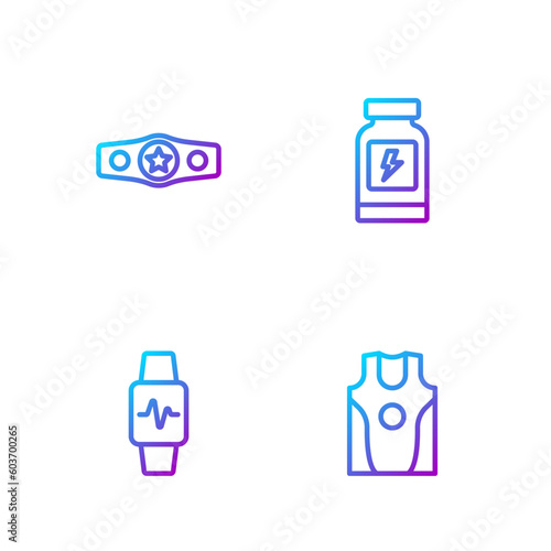 Set line Boxing jersey and t-shirt, Smart watch with heart, belt and Energy drink. Gradient color icons. Vector