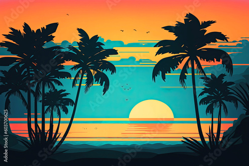 Cartoon flat landscape, sunset with palm trees on a colorful background. illustration of Generative AI. © Anastasia