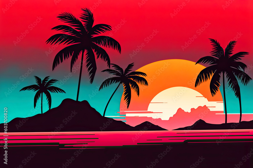 Cartoon flat landscape, sunset with palm trees on a colorful background. illustration of Generative AI.