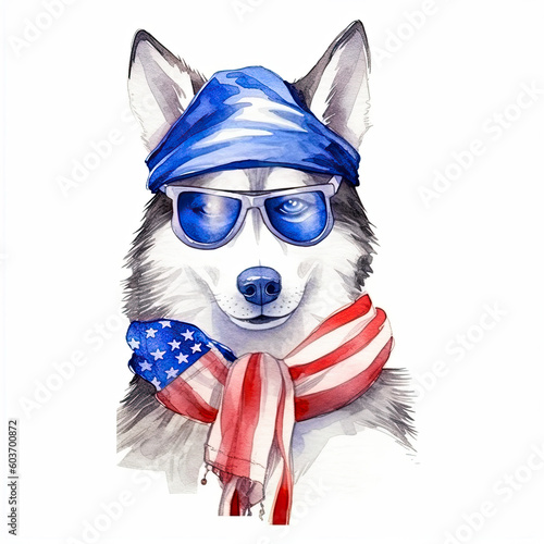Watercolour patriotic husky  dog  made with generative AI. Independence Day in America. © reddish