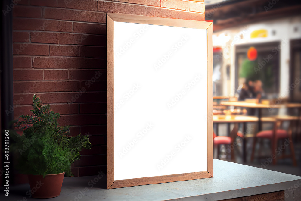 Mockup label, blank menu frame in Bar restaurant. Stand for booklets with white sheets paper on wooden table cafeteria Mockup label, blank menu frame in Bar restaurant. Stand for booklets with white sheets paper on wooden table cafeteria