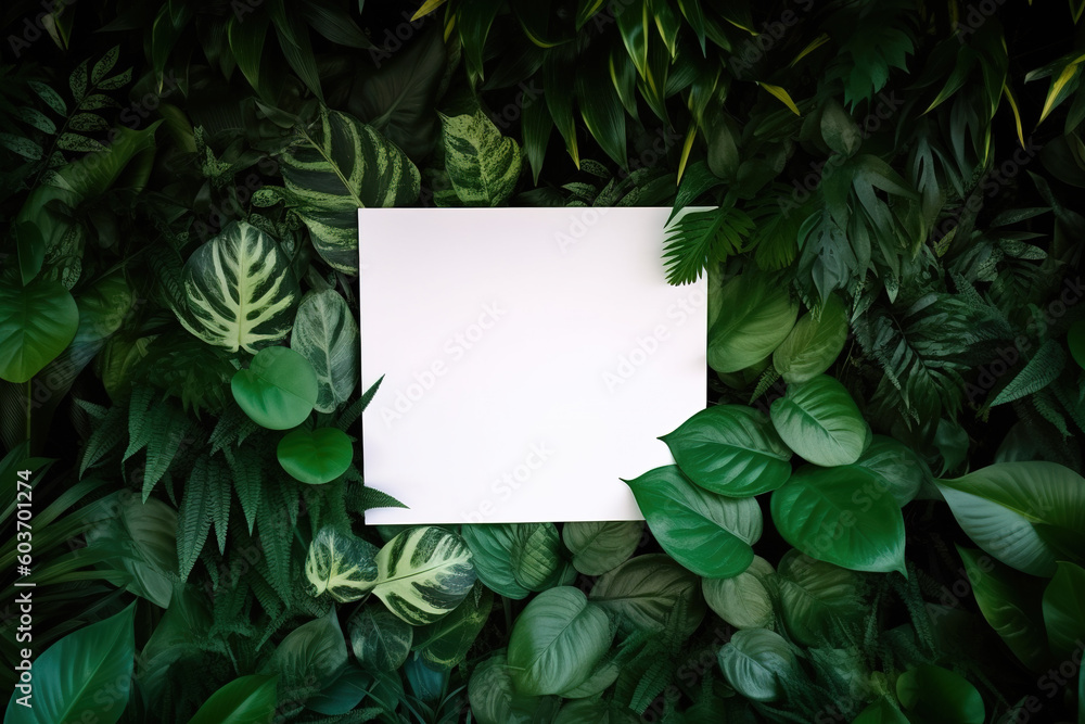 White paper card on lay green leaves texture top view background. Creative layout in nature concept. Created with Generative AI Technology White paper card on lay green leaves texture top view background. Creative layout in nature concept. Created with Generative AI Technology